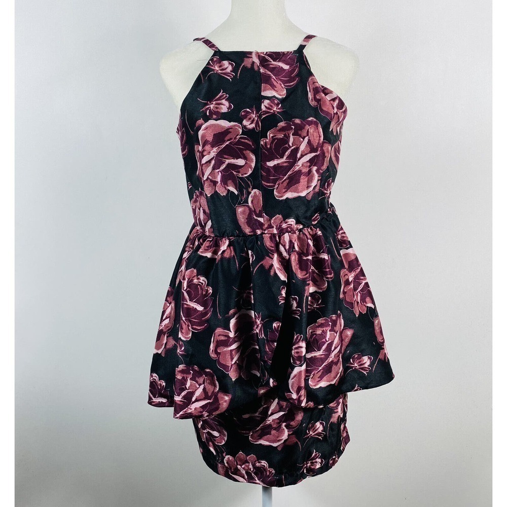 Venus Size 6 Floral Print High Neck Mini Dress Black Purple Pink